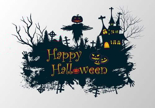 Halloween illustration with scary dark haunted house and scarecrow vector