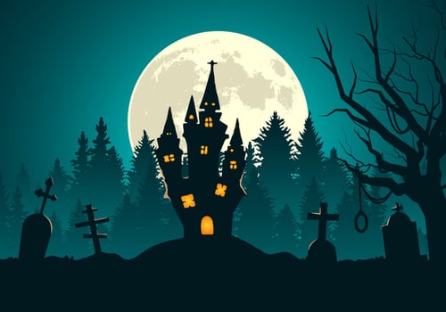 Happy halloween background with spooky scary forest at night tombstone and Scary castle vector