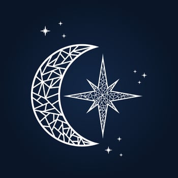 Mosaic arts of crescent moon and star in the night sky. Elegant aesthetic design vector with sparkling stars. Icon, logo, or ornament.