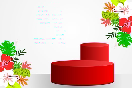 Exclusive 3D minimal mockup scene. Two red podiums shape with a tropical leaves and flowers on the soft grey background for show product display. 3D vector illustration.