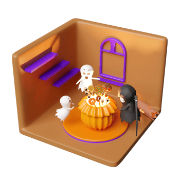 3d isometric room for halloween holiday party with cute ghost, grim reaper hand holding scythe, pumpkin head snack basket isolated. 3d render illustration png