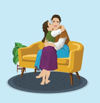 Little girl kisses her mother's cheek. mother-daughter love vector