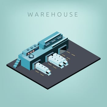 Isometric warehouse with trucks vector illustration