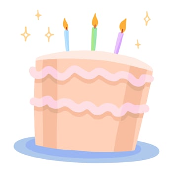 Birthday cake with candle cartoon vector illustration. Celebration party holidays attribute clipart isolated on white background.
