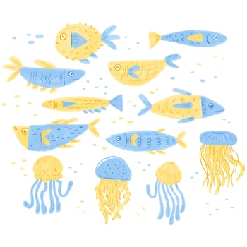 Set of Sea Creatures with Hand Drawn Marker Style vector