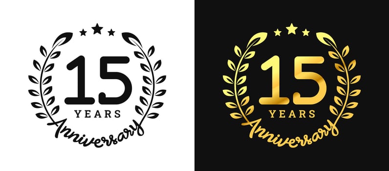 Anniversary 15 gold numbers. Minimalist design template, modern, elegant celebrating anniversary event. label, vector, sign, illustration, banner, symbol, icon, design, sticker, tag, badge, element vector