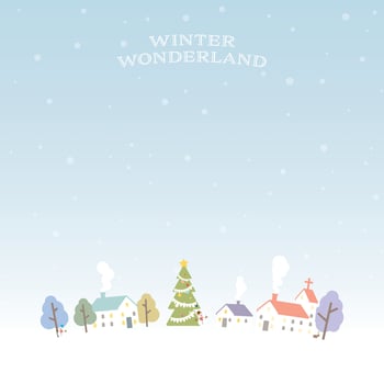 Winter Wonderland with snowfall childish style vector illustration. Merry Christmas greeting card template have blank space.