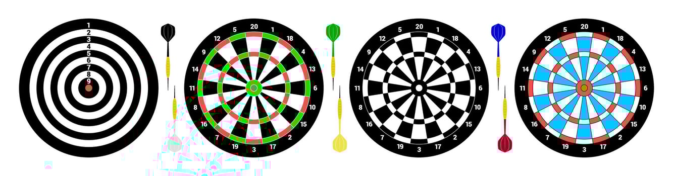 Four classical Dartboards for playing darts. Six darts for game. Flat style. isolated vector