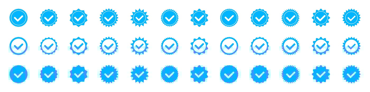 Account verification check mark icon collection. Social media verification icons. Verified badge profile set. Blue check mark vector icon