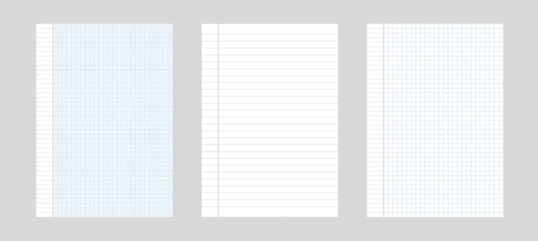 Set of 3 simple vector paper illustration. Paper in a cell and a line from block isolated on gray background.