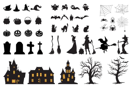 Spooky Halloween silhouette elements isolated on white background vector