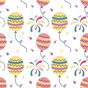 Festive seamless pattern, balloons, fireworks and confetti. Festive background, print, vector