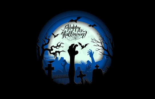 Halloween paper cut banner, zombie hands, cemetery vector