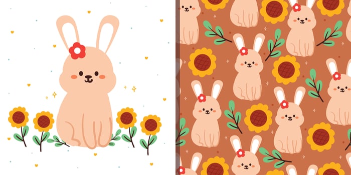 seamless pattern and card cartoon bunny and flower. cute animal wallpaper and pattern for textile, gift wrap paper vector