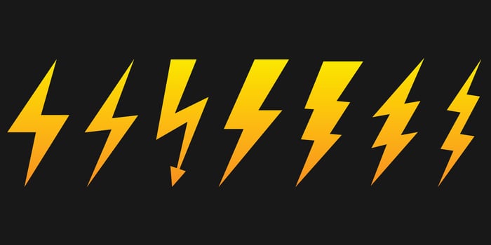Lightning icon set. Yellow lightning bolt vector icon. Electricity and power symbol.