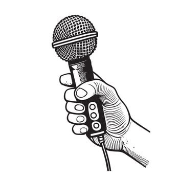 Hand holding retro microphone sketch hand drawn in doodle style Vector illustration