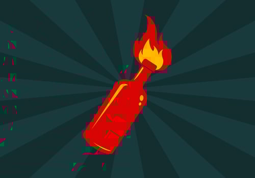 Vector icon of cocktail Molotov on vintage background. Vector illustration of bottle in fire. Protest.