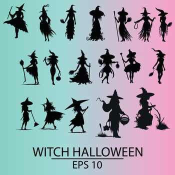 Sixteen Witch Silhouettes Celebrating Halloween Night vector
