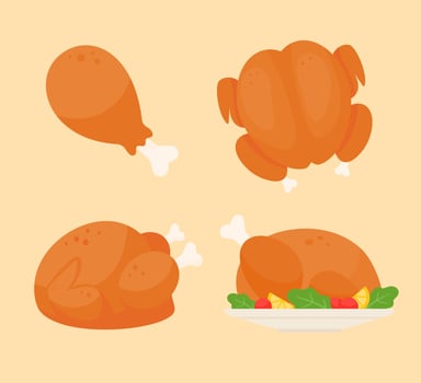 Roast Turkey. Thanksgiving Dinner Elements for decorating greeting cards vector