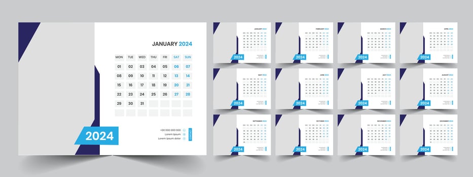 Calendar 2024 planner corporate template design set. Week starts on Monday. template for annual calendar 2024 vector