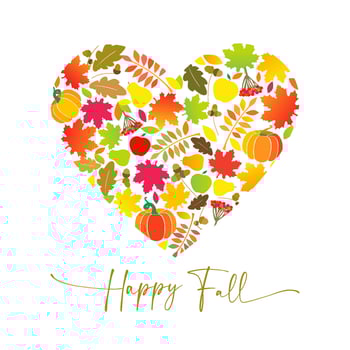 Happy Fall creative poster. Cute heart shape. Isolated red, green, orange and yellow leaves. Welcome Autumn banner. Happy Thanksgiving decorative concept. Harvest holiday foliage. Greeting card design vector