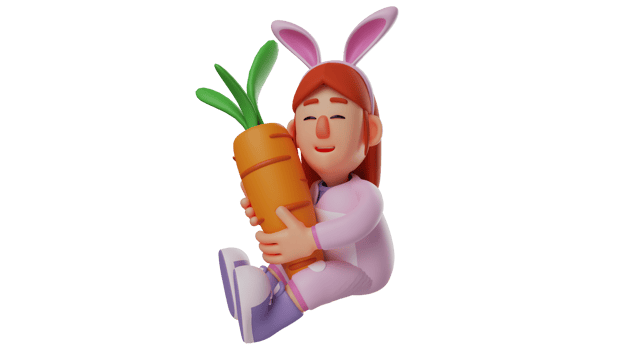 3D illustration. Sweet Bunny Girl 3D cartoon character. Bunny girl sitting while hugging a giant carrot. Bunny girl rested while closing her eyes. Adorable bunny girl. 3D cartoon character png