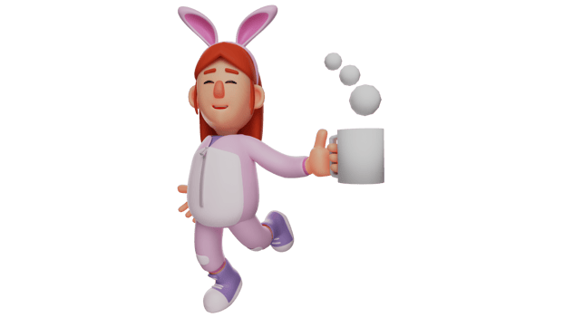 3D illustration. Active Bunny Girl 3D cartoon character. Bunny girl in running pose. An attractive bunny girl runs around carrying a glass of warm drink. 3D cartoon character png