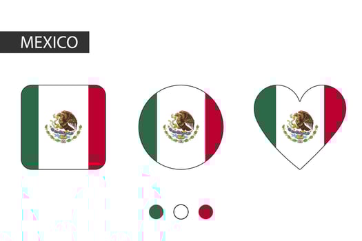 Mexico 3 shapes square, circle, heart with city flag. Isolated on white background. vector