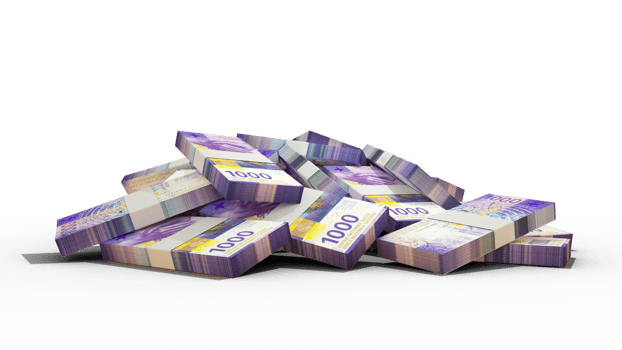 3d rendering of 1000 Stacks of Swiss Franc notes. bundles of Swiss Franc notes isolated on transparent background png