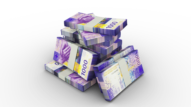 3d rendering of 1000 Stacks of Swiss Franc notes. bundles of Swiss Franc notes isolated on transparent background png