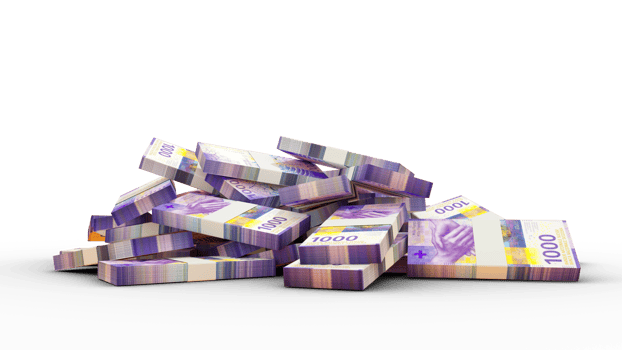 3d rendering of 1000 Stacks of Swiss Franc notes. bundles of Swiss Franc notes isolated on transparent background png