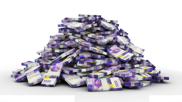 Big pile of stacks of 1000 Swiss Franc notes a lot of money isolated over transparent background. 3d rendering of bundles of cash png