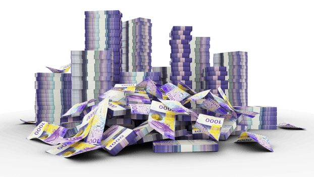 Big stacks of 1000 Swiss Franc notes. A lot of money isolated on transparent background. 3d rendering of bundles of cash png