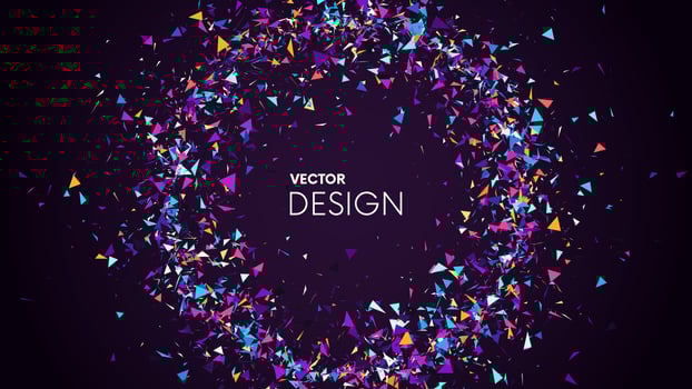 Abstract background with colorful triangular fragments with place for your text. Futuristic circle banner with glowing sharp debris or broken glass. Vector background