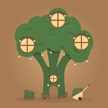 cozy cartoon broccoli house vector illustration isolated on brown background