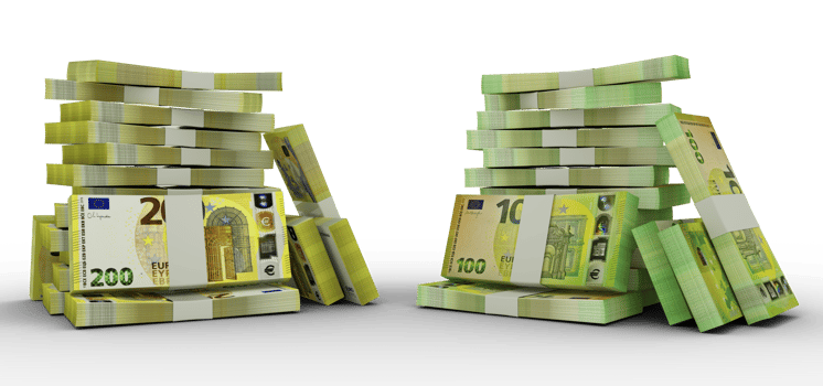 3d rendering of Stacks of Euro notes. bundles of Euro currency notes isolated on transparent background png