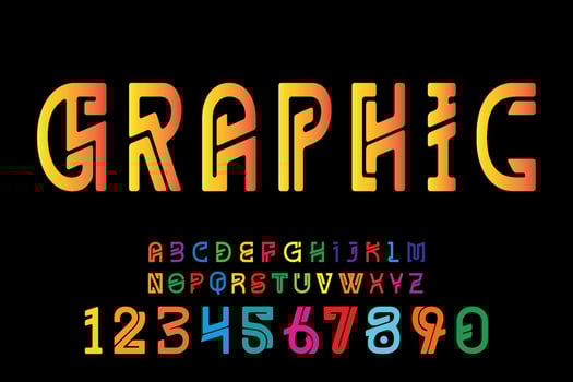 Stylized abstract Graphic colorful font and alphabet, numbers vector. vector