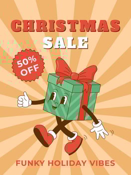 Retro cartoon 70s Christmas sale character.Xmas gift box mascot in groovy style vector illustration. Holiday shopping. Vintage poster, flyer, greeting card. Happy New year. Nostalgia 1970s, 60s