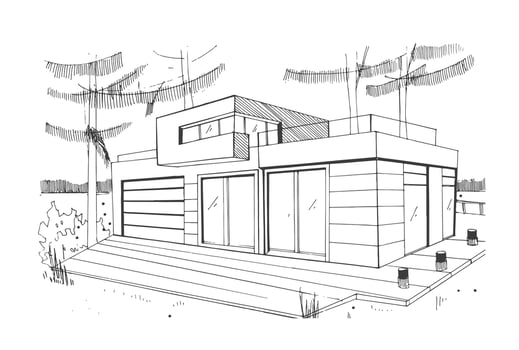 Modern private residential house. Hand drawn, contour, black and white sketch illustration. vector