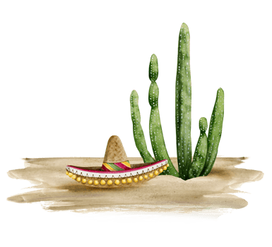 Desert cactus Saguaro and sombrero hat laying on sand watercolor illustration. Mexican nature scene png