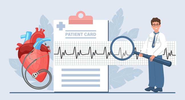 Diagnosis of cardiovascular diseases, the doctor looks at the cardiogram through a magnifying glass. Pulse. Cartoon flat illustration. Vector