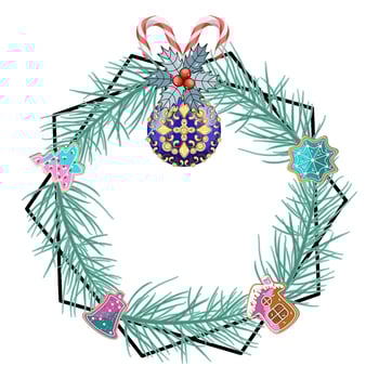 Winter holiday frame with Christmas ornament balls, gingerbread cookies, and pine branches vector