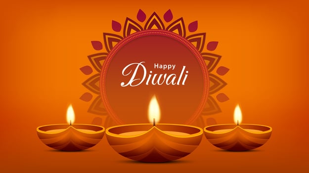 Happy diwali celebration background. Festival of lights banner with illuminated oil lamps decoration. Holiday greeting card. Vector illustration