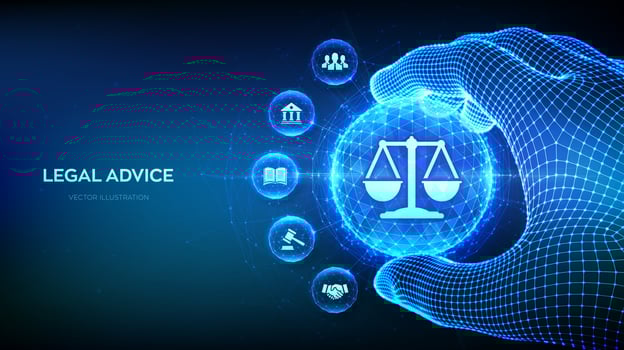 Labor law, Lawyer, Attorney at law, Legal advice concept in the shape of polygonal sphere with justice symbol in wireframe hand. Internet law as digital online legal services. Vector Illustration.