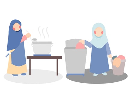 Hijab Mother Cooking and Doing Laundry Illustration vector