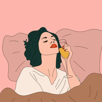 A woman drinks a glass of Champagne in bed. Vector. Wine time vector