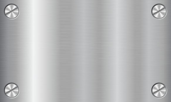 Silver metal texture background with screws. Aluminium plate with screws. Steel background. Vector illustration