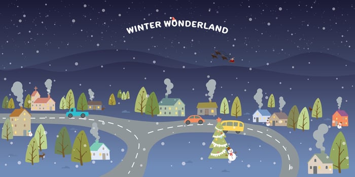 Winter Wonderland at night background childish style vector illustration. Merry Christmas greeting card template have blank space.