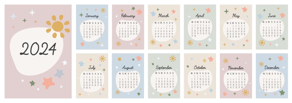 Calendar 2024 template. Monthly calendar 2024 with cute rainbows, stars, moon. Trendy colors, cartoon style. Starts on Monday. A modern calendar for kids. Childrens cute nursery style. Design Template vector