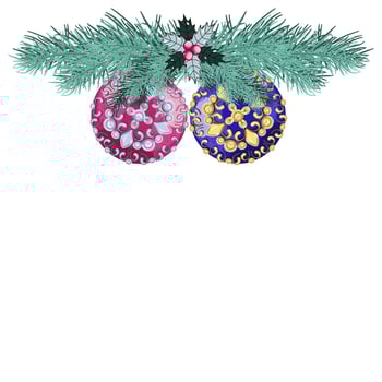 Winter holiday decoration with pine branches, hollyhock and Christmas balls vector